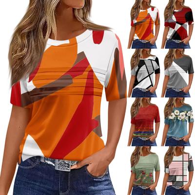 T-Shirts für Damen, plissiert, Rundhalsausschnitt, elegant, lässig, Blusen, bedruckt, kurzärmelig, Sommeroberteile, lockere Passform