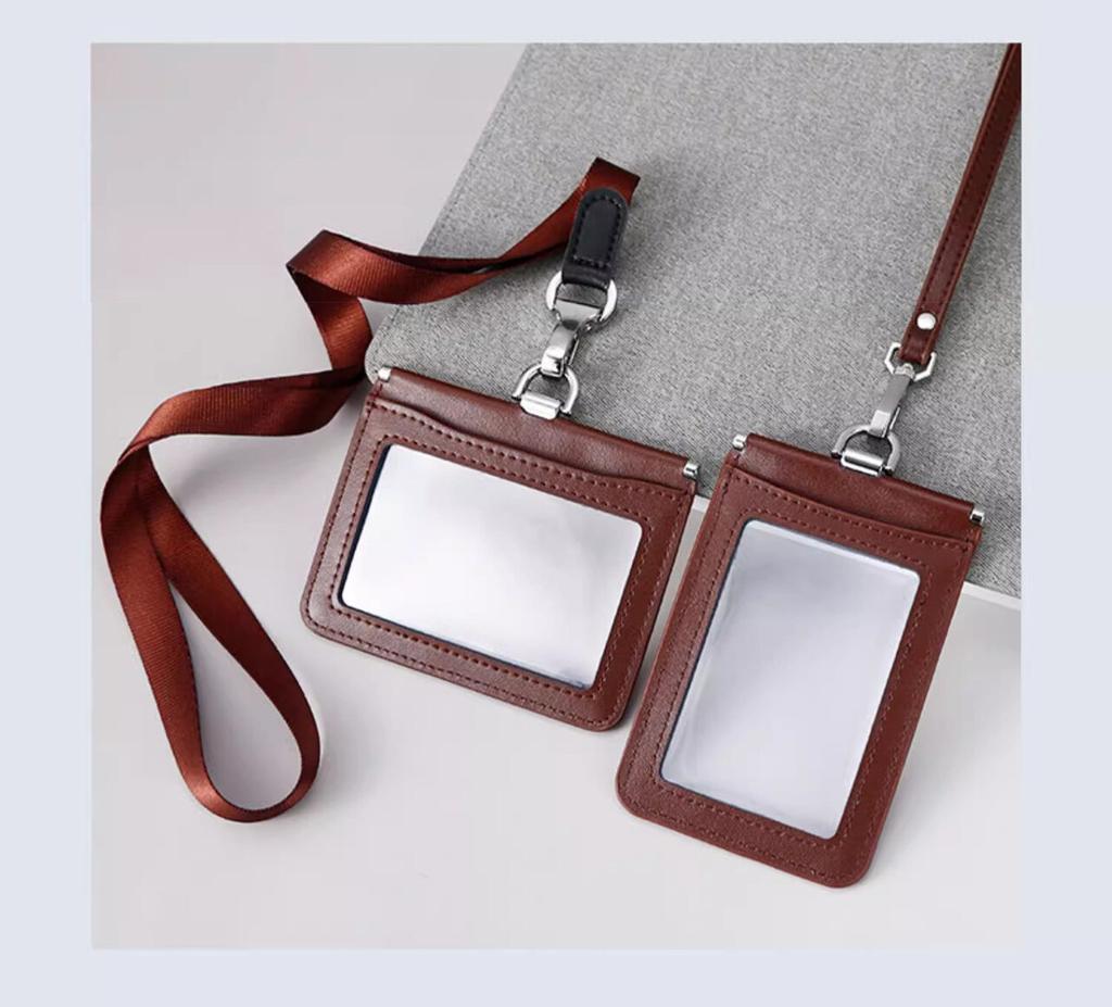 Double Sided Transparent PVC and Real Leather Work Card Holder with Lanyard Staff Hanging Neck Anti-interference Protection ID Badge Cards Cases