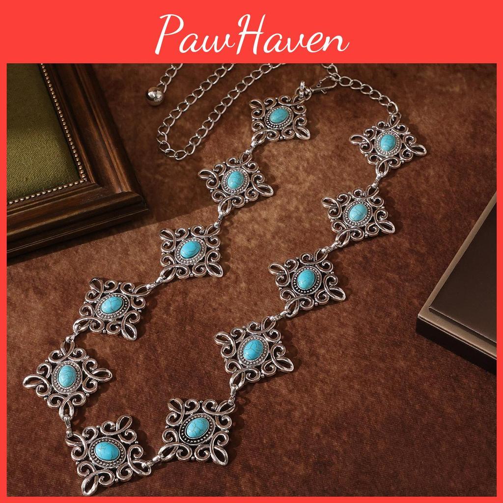 Chinese Knot Waist Chain With Carved Metal And Turquoise For Elegant Dress Styling