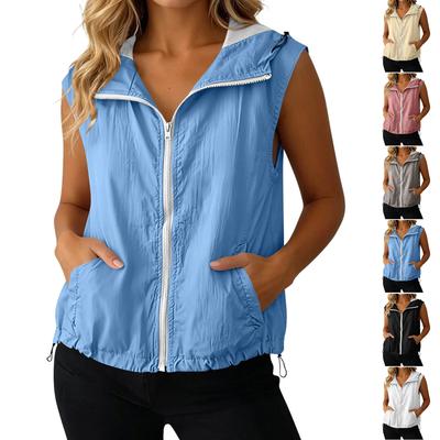 Women Sleeveless Zip Up Hooded Vest Jacket with Pockets Lightweight Casual Outerwear Drawstring Hem Design