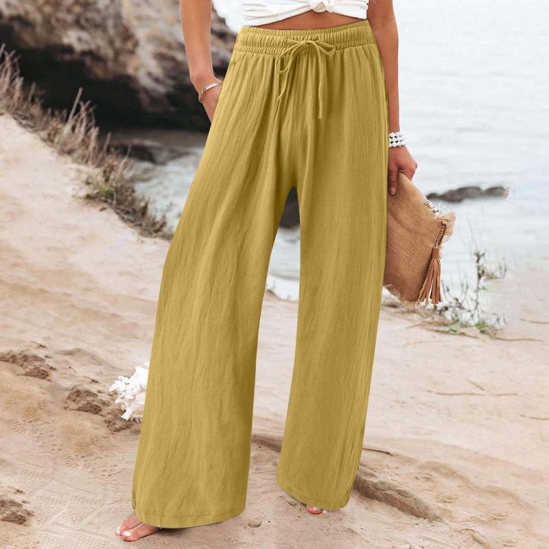 Damen Leinenhose Hohe Taille Weiter Bein Palazzo Hose Unterteil Einfarbig Jogginghose Freizeit Jogger