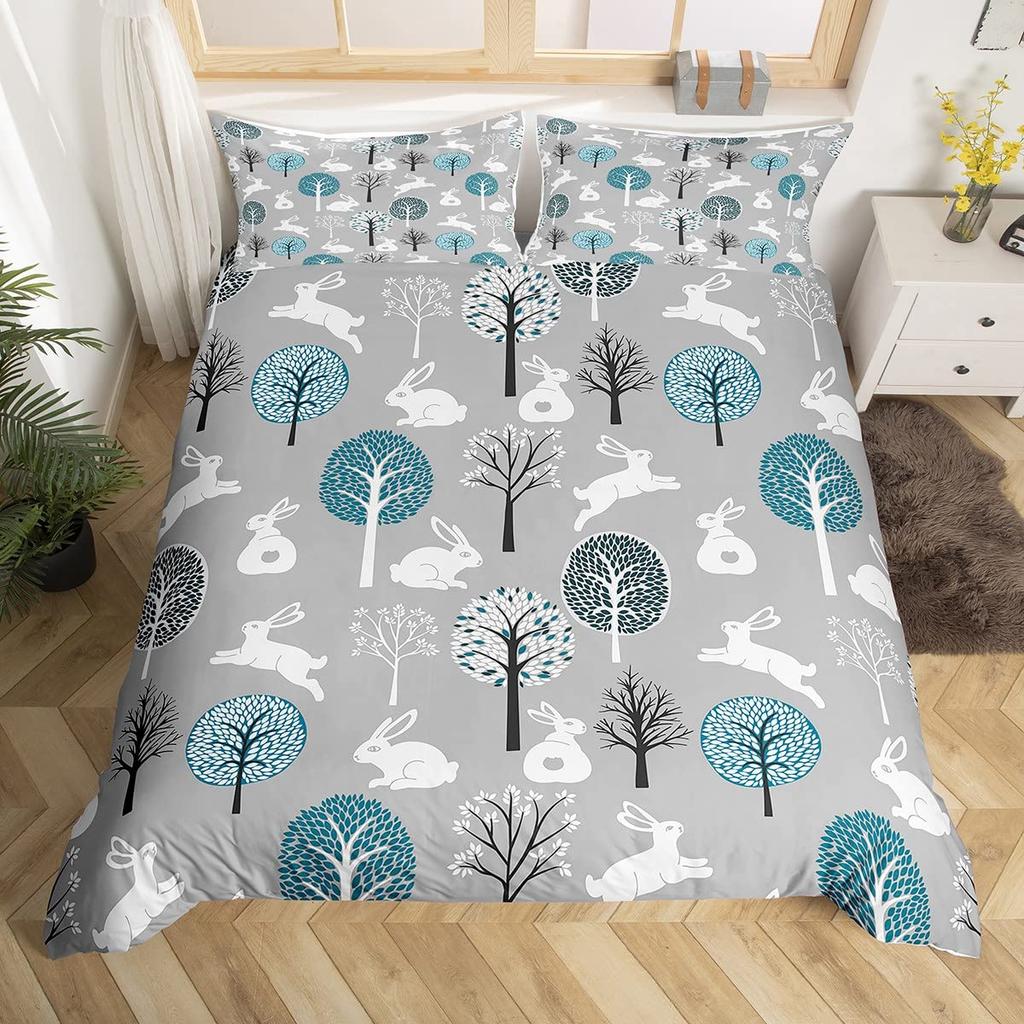 Cartoon Rabbit Duvet Cover Twin Cute Animal On The Moon Quilt Cover Microfiber Cloud Galaxy Space Bedding Set for Boy Girl Gift