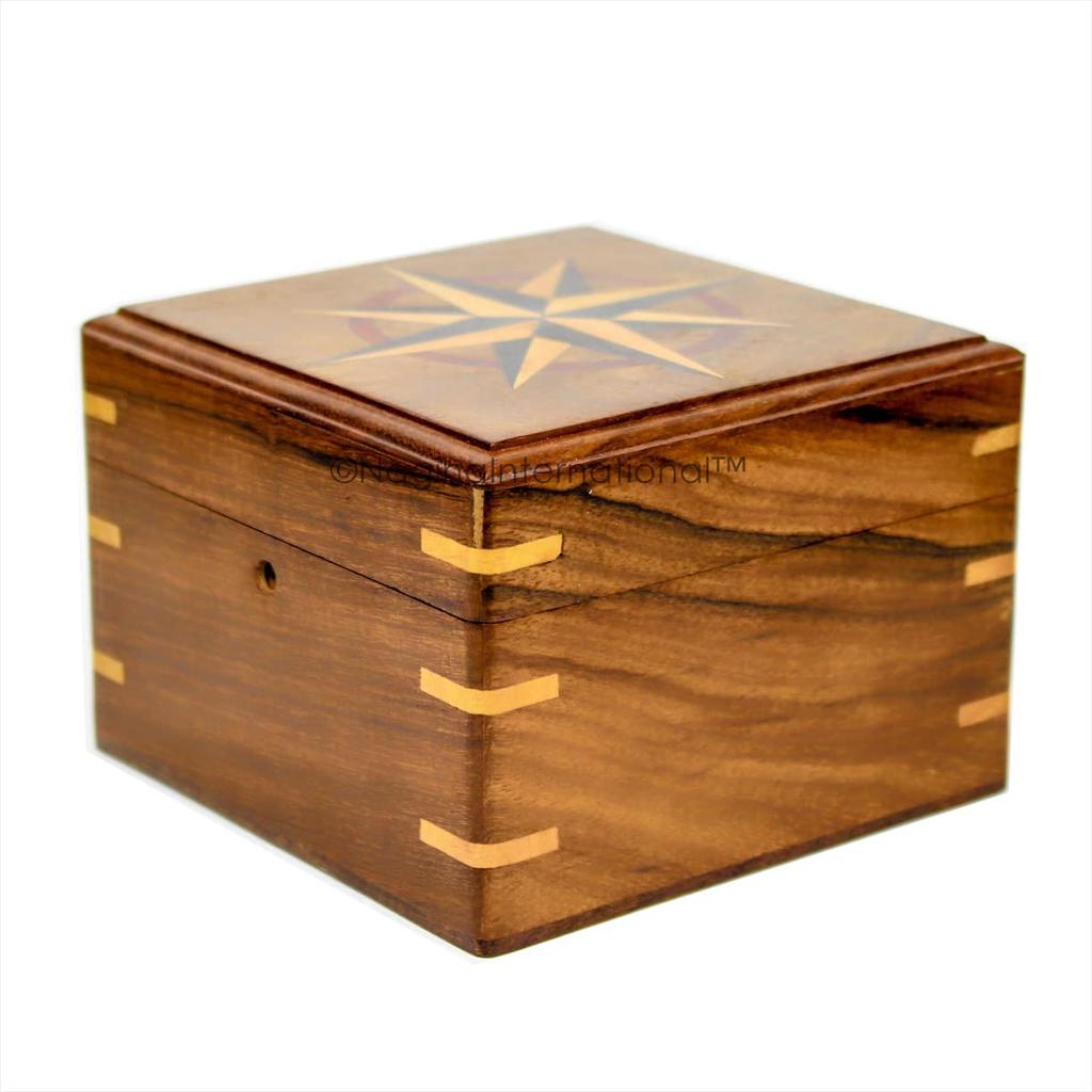 Handcrafted Gimbaled Brass Compass in Wooden Box P7N-L6E-Q29