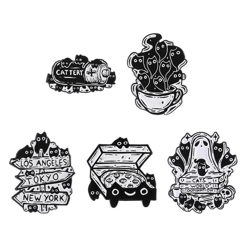 2-8pcs/set Cute Cat Enamel Pins Cartoon Big Eyes Black Kitties with Knife Animal Brooches Lapel Badge Jewelry Gifts For Friends