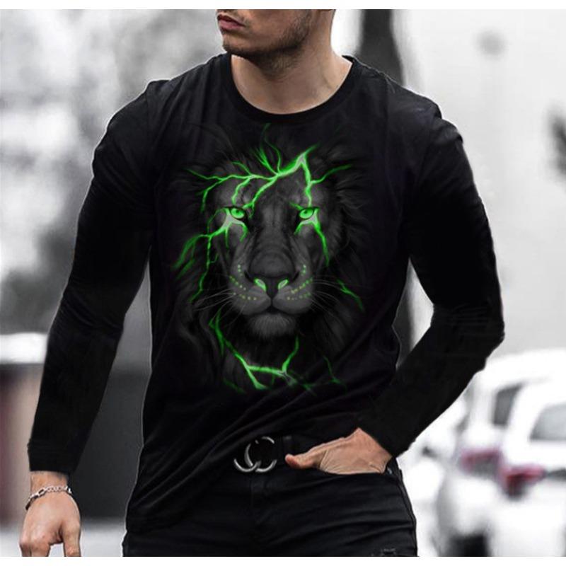 European American men's casual T-shirt with fierce animal 3D digital printing loose men's round neck long sleeved T-shirt