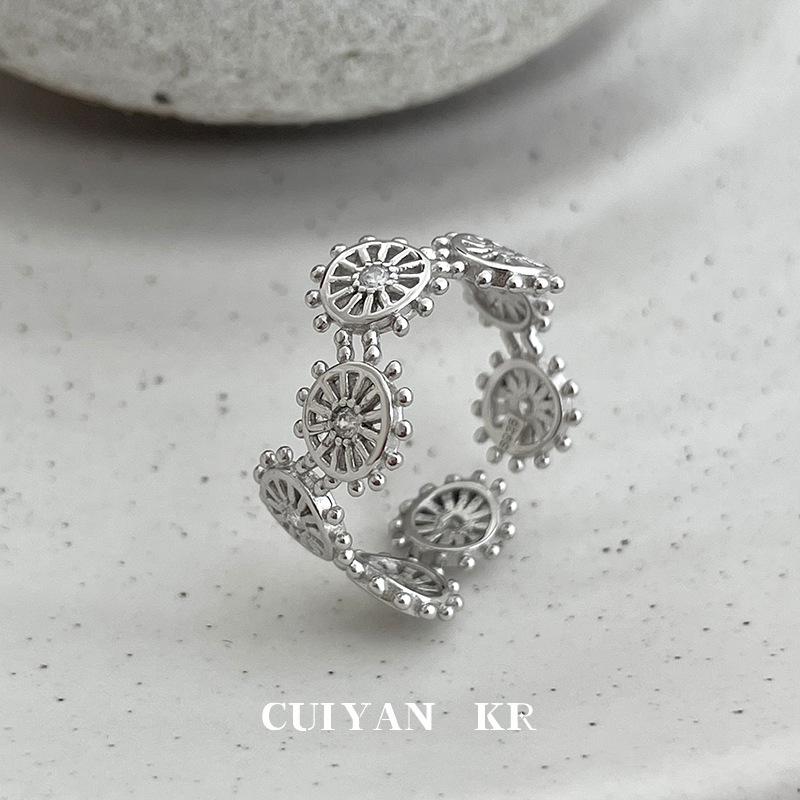 

Cuiyan S925 Silver Korean Ferris Wheel Lace Open Ring - Women s Retro Fashion Trend Adjustable Open Size