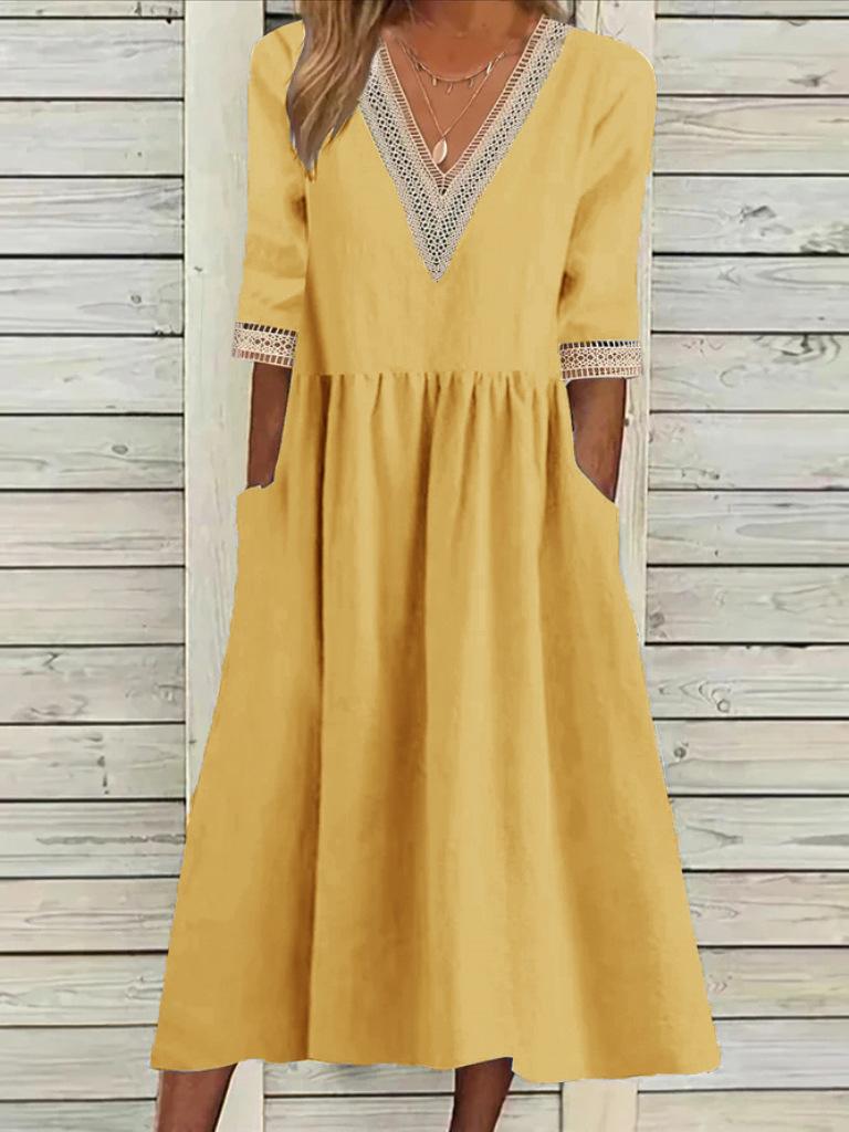 

Women’s Elegant V-Neck Black Dress with Lace Trim, Mid-Sleeve, Side Pockets, Casual A-Line Dress XXL жовтий