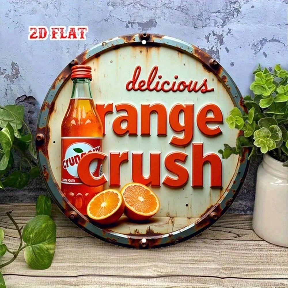 Vintage Orange Crush Round Metal Sign Retro Aluminum Wall Decor for Garage Man Cave Bar Cafe Kitchen