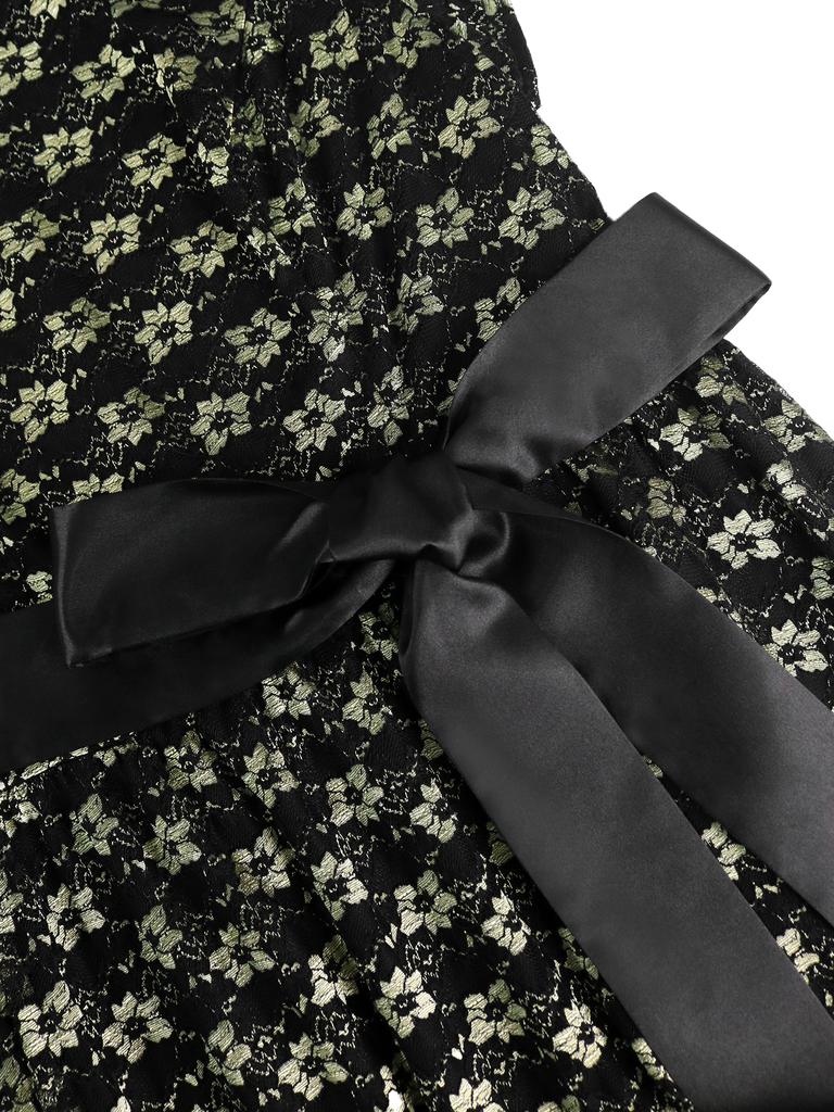 Print O Neck Short Sleeve Lace-Up High Waist A Line Mid-Calf Dress Elegant Vintage Style Dress for Women Party Outfit