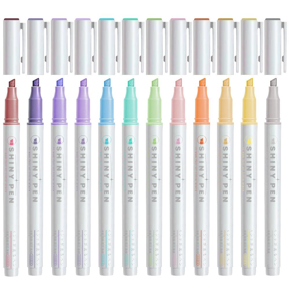 12 Colors Glitter Ink Highlighter Markers Single Angled Tip for Document