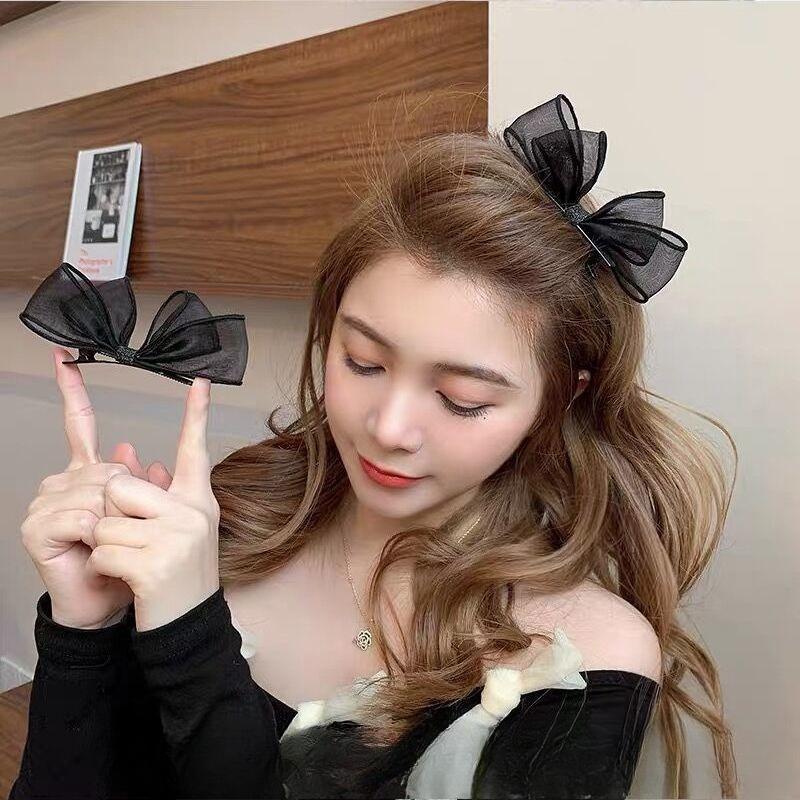 2PCS Three Dimensional Mesh Bow Hairpin, Sweet Super Fairy Black Side Clip Headdress Duck Beak Clip