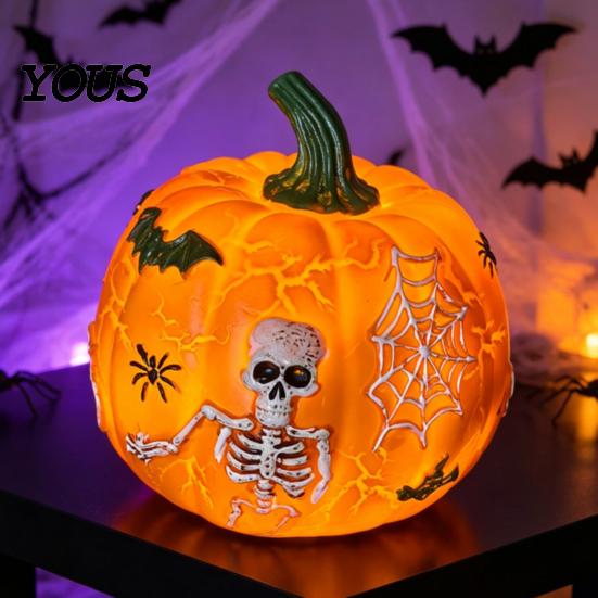 Festive Party Atmosphere Lights Halloween Light Up Pumpkin Decor, Resin LED Glowing Lantern Figurine, Spooky Led Skull Night Tabletop for Indoor