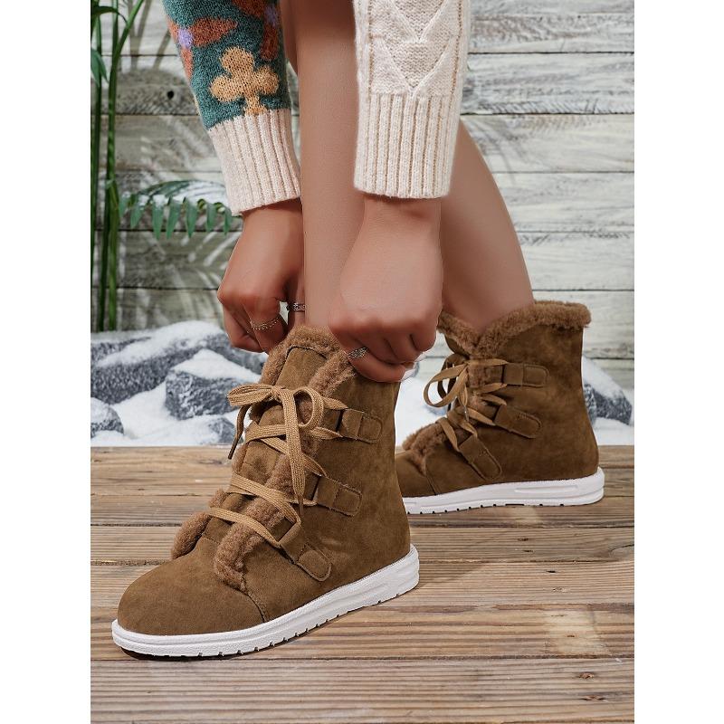 2025 Winter New Lace-up Warm Cotton Shoes Women's Flat Fleece Thickened Plus Size Snow Boots