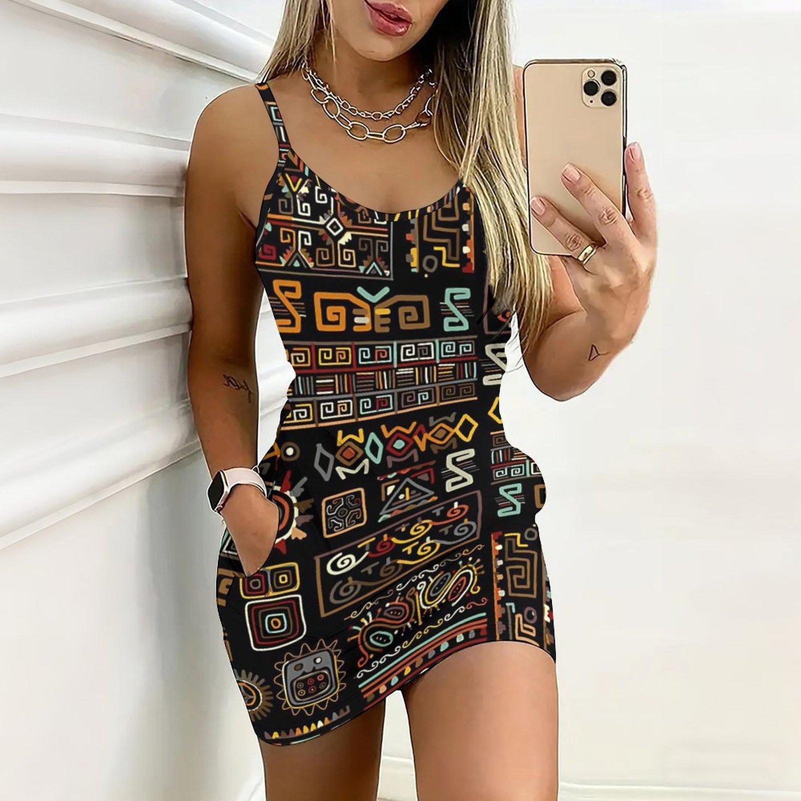 

Summer New Retro Patterns Print Sleeveless Bodycon Dress with Pockets Sexy Slim Fit Elegant Party Dress S чёрный