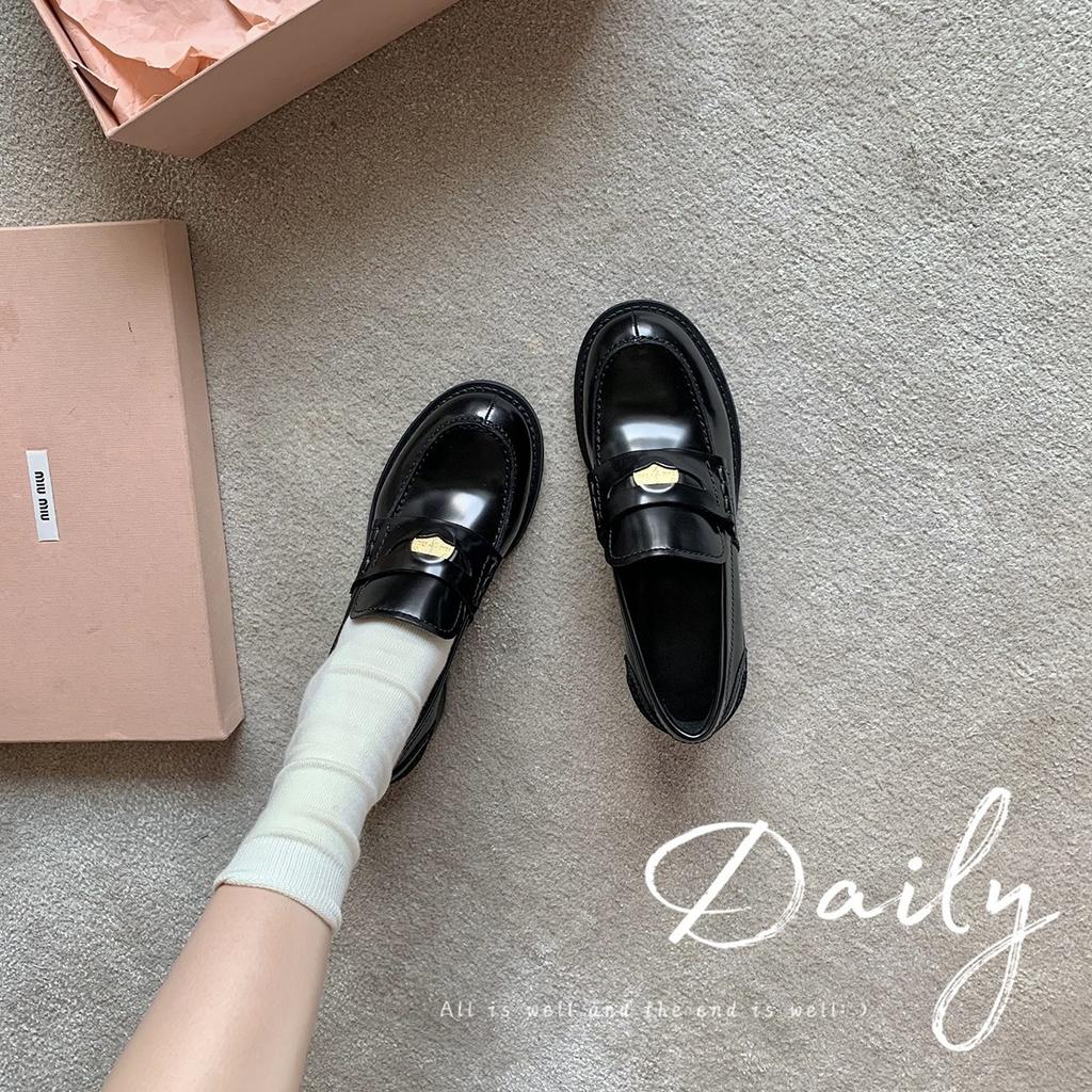 Grape Home~ Cowhide version, genuine leather British style round head small gold coin one pedal thick heel thick sole loafer leather shoes women