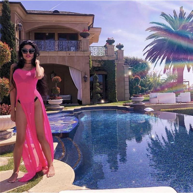 Women Mesh Sheer Bikini Cover Up Elegant Transparent Plus Size Corseted Maxi Dress with Split Beach Dress Swimwear Beachwear