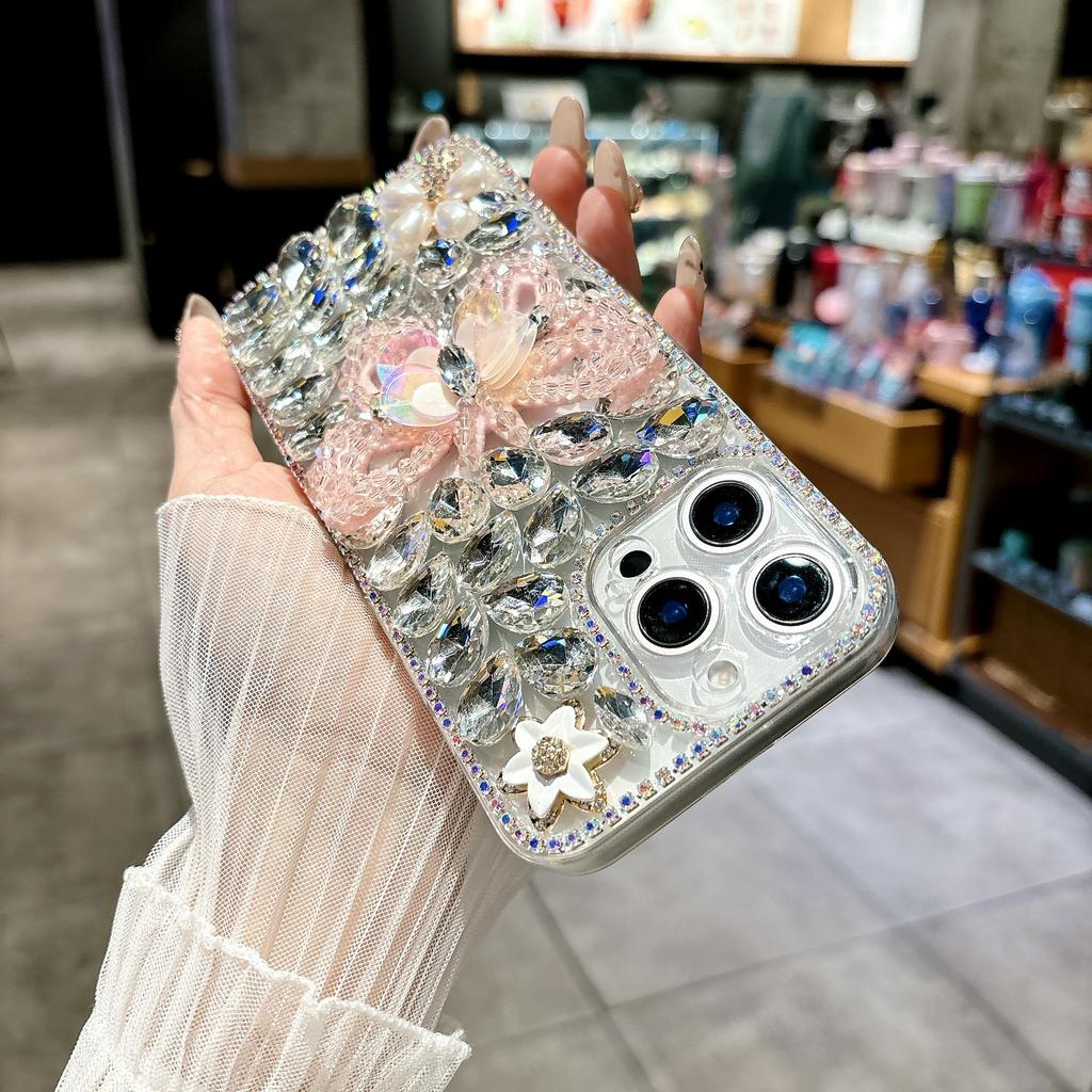 For iPhone 15 Pro Case Glass Rhinestone Decor Butterfly Pattern TPU Phone Back Cover