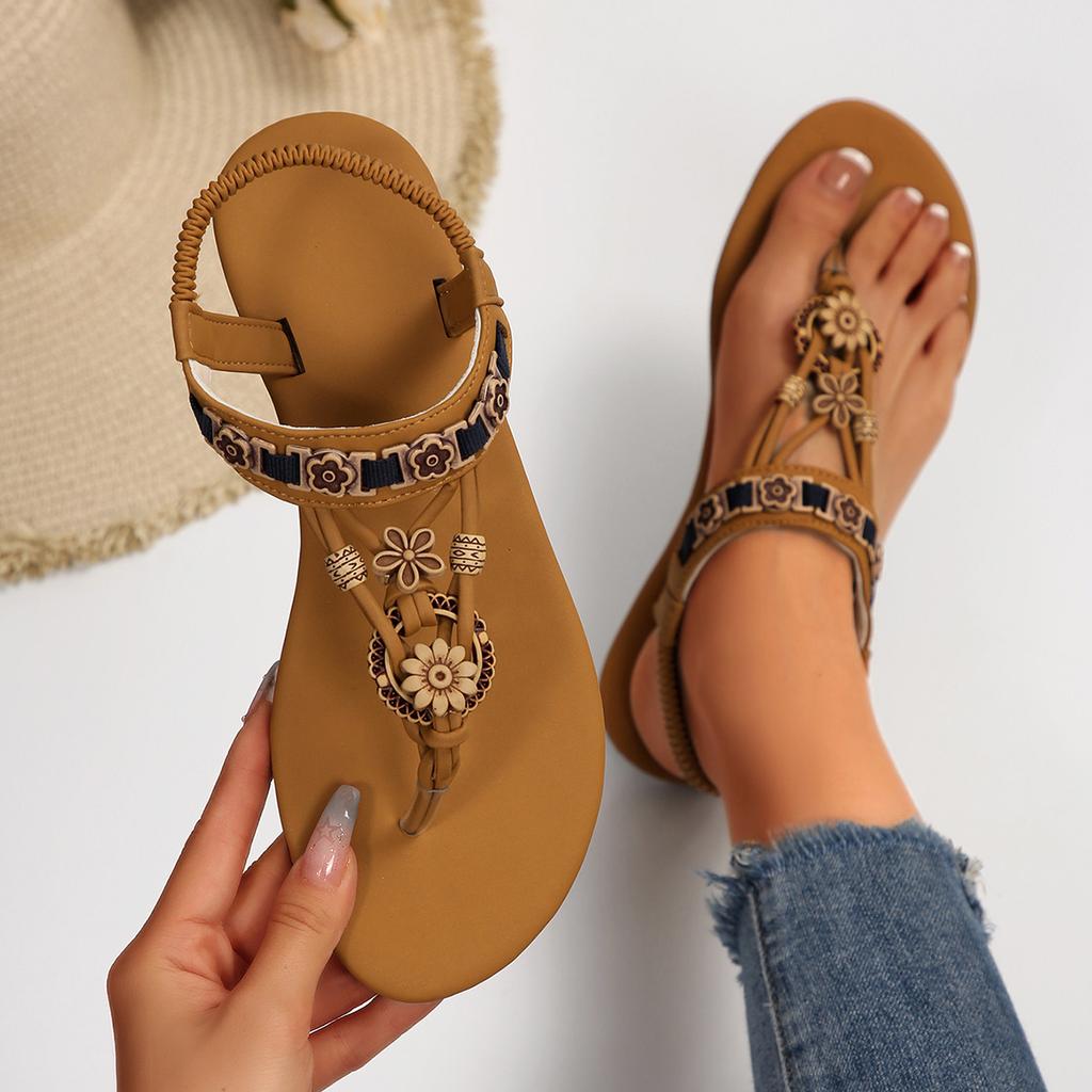 Women's Large-sized Bohemian Beaded Stylish Flat Sandals, Summer New Style Flat Breathable Casual Sandals for Women
