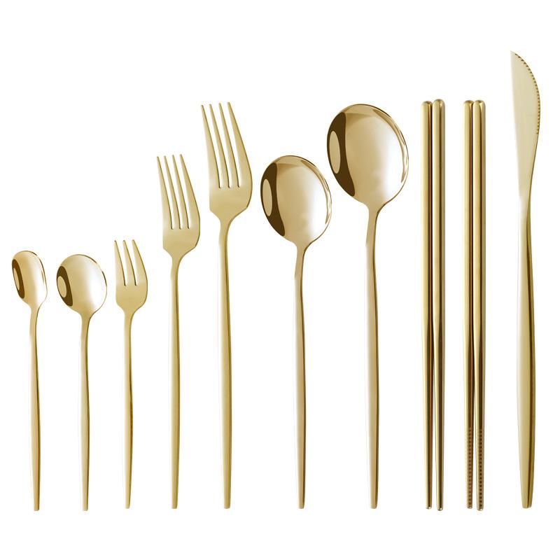 Gold-Plated Portuguese-Japanese Stainless Steel Cutlery Set: Knife, Fork, Dessert Spoon, Chopsticks, Ice Cream Spoon, Fruit Fork