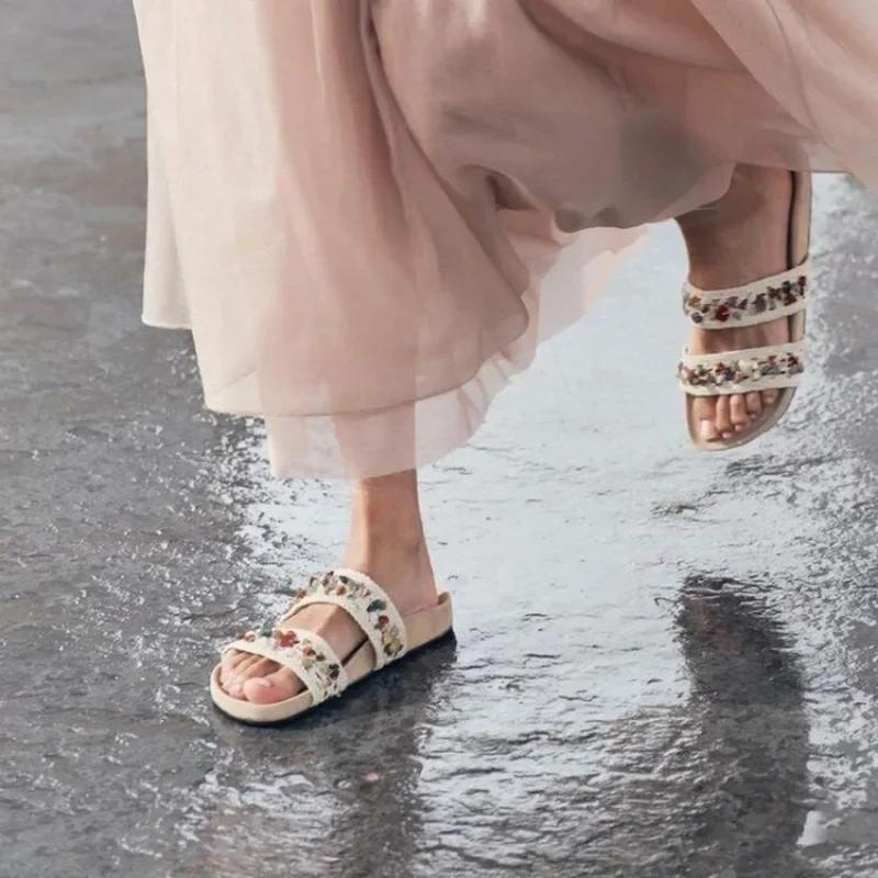 Ladies Shoes 2025 Summer Plus Size Open Toe Luxury Slippers Women Outdoor Casual String Bead Round Toe Women's Flat with Sandals