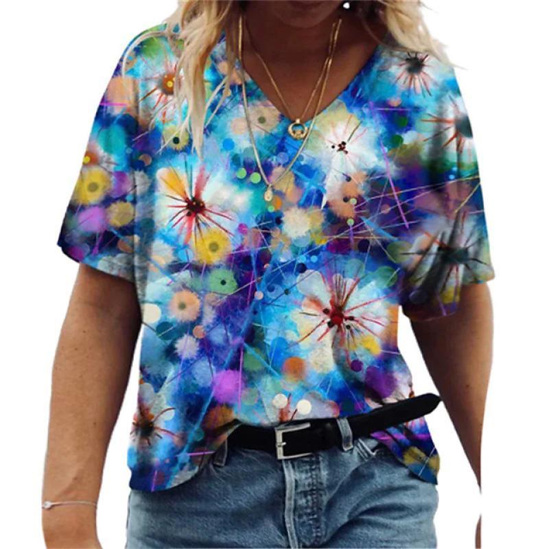 Women's T-shirts Summer Gradient Graphics Tops V-Neck Fashion Female Vintage Clothing Floral Print Tees Loose Oversized T-Shirts