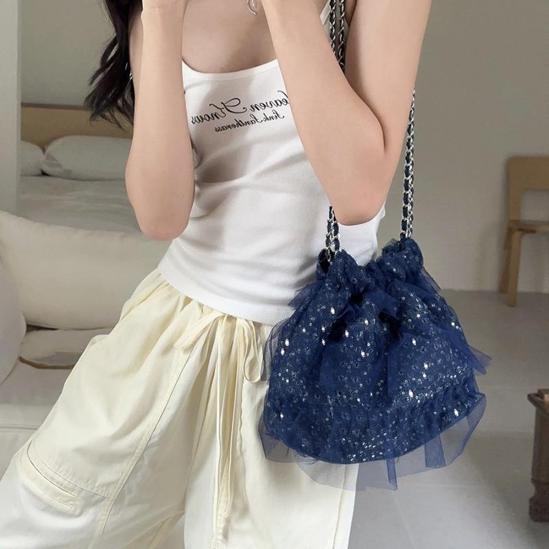 Folded Bucket Mesh Bag Summer Women's Sequined Shoulder Bag Sweet Niche Design Ruffle Edge Chain Bag