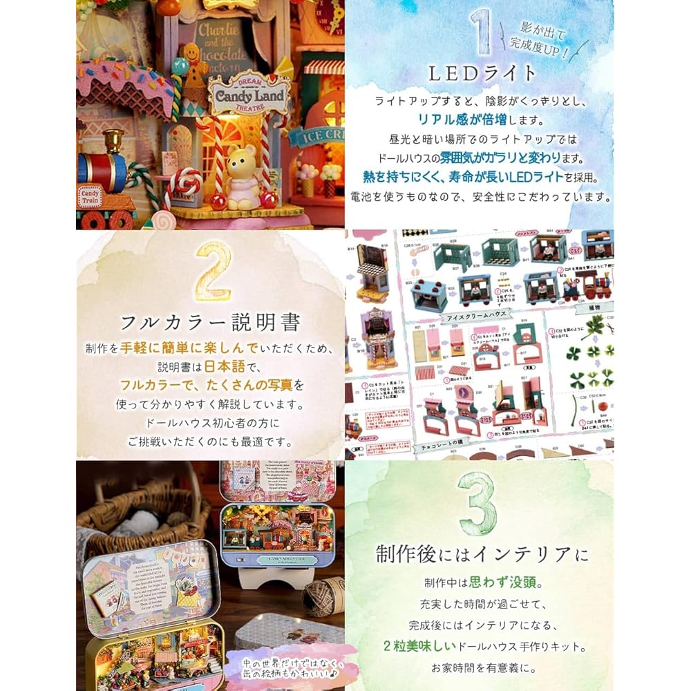 Moin Moin Dollhouse Miniature DIY Kit with LED Light and Display Stand Teddy Bear Storage Case for Beginners