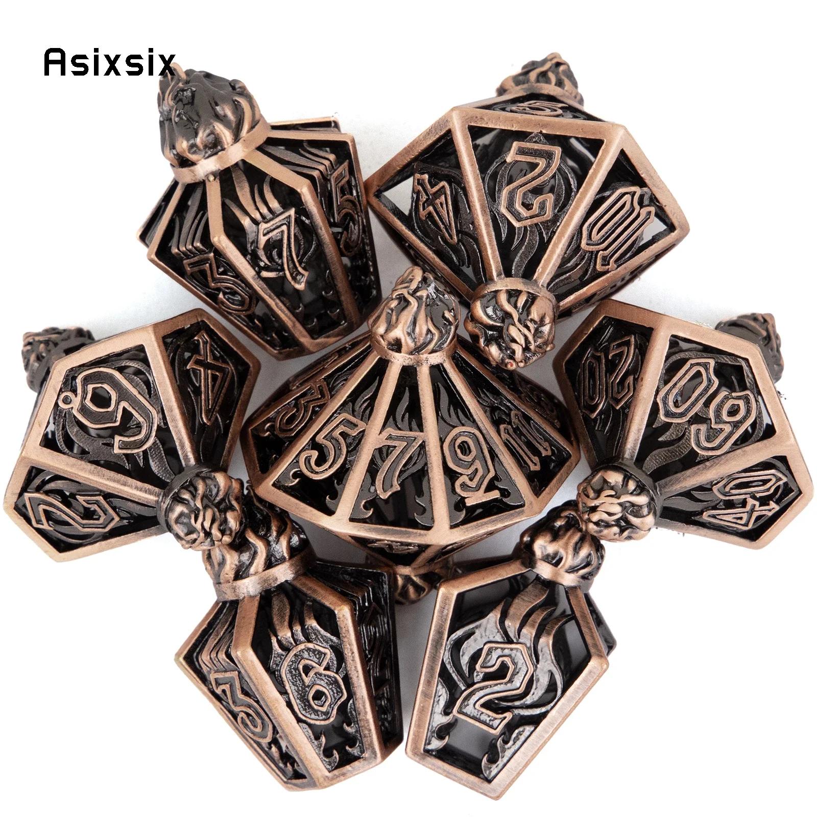 7 Pcs Copper Flame Metal Dice Hollow Metal Polyhedral Dice Set Suitable For Role-Playing Game
