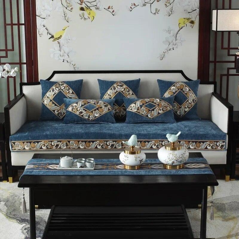 Luxury Embroidery Sofa Towel Fashion Solid Color High Grade Chenille Sofa Cover Chinese Anti-slip Couch Covers for Living Room