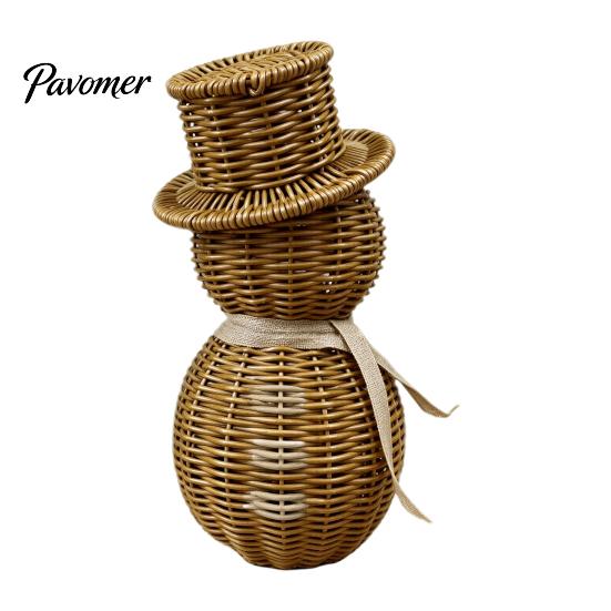 Indoor Christmas Shelf Decorations Faux Rattan Snowman Figurine, Rustic Farmhouse Statue with Bow, Reusable Holiday for Indoors Hand-Woven Wicker