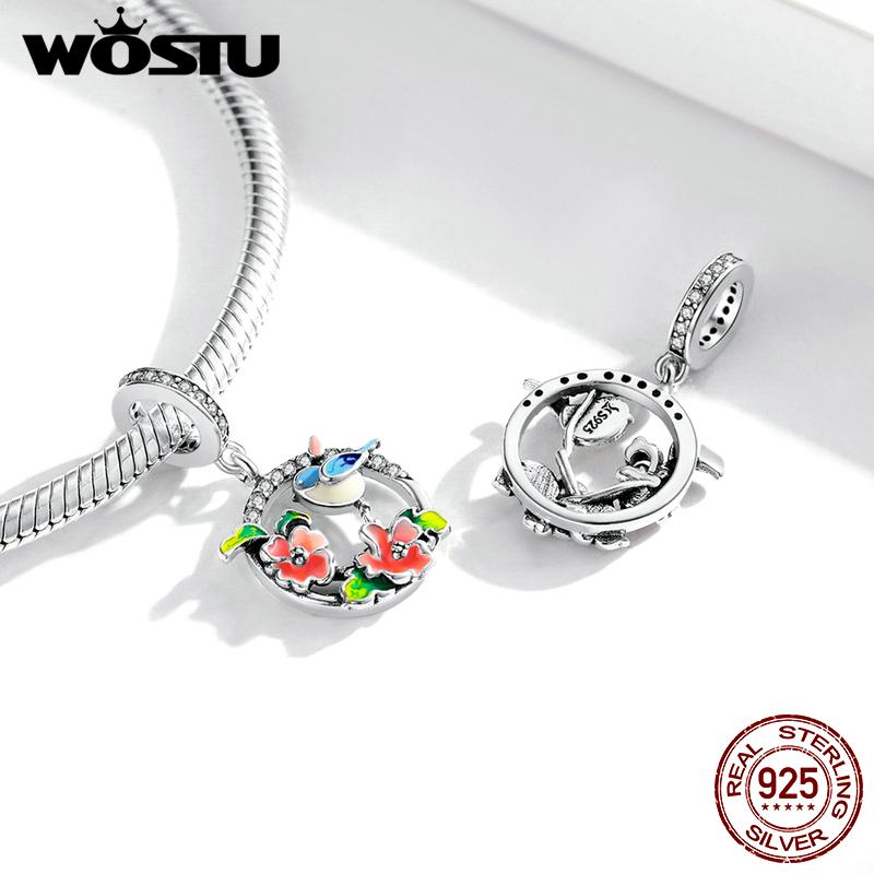 WOSTU Bunte Vögel Blumen Blätter CZ Anhänger Frühling Charm passen Original Armband Schmuck Zubehör DIY Herstellung