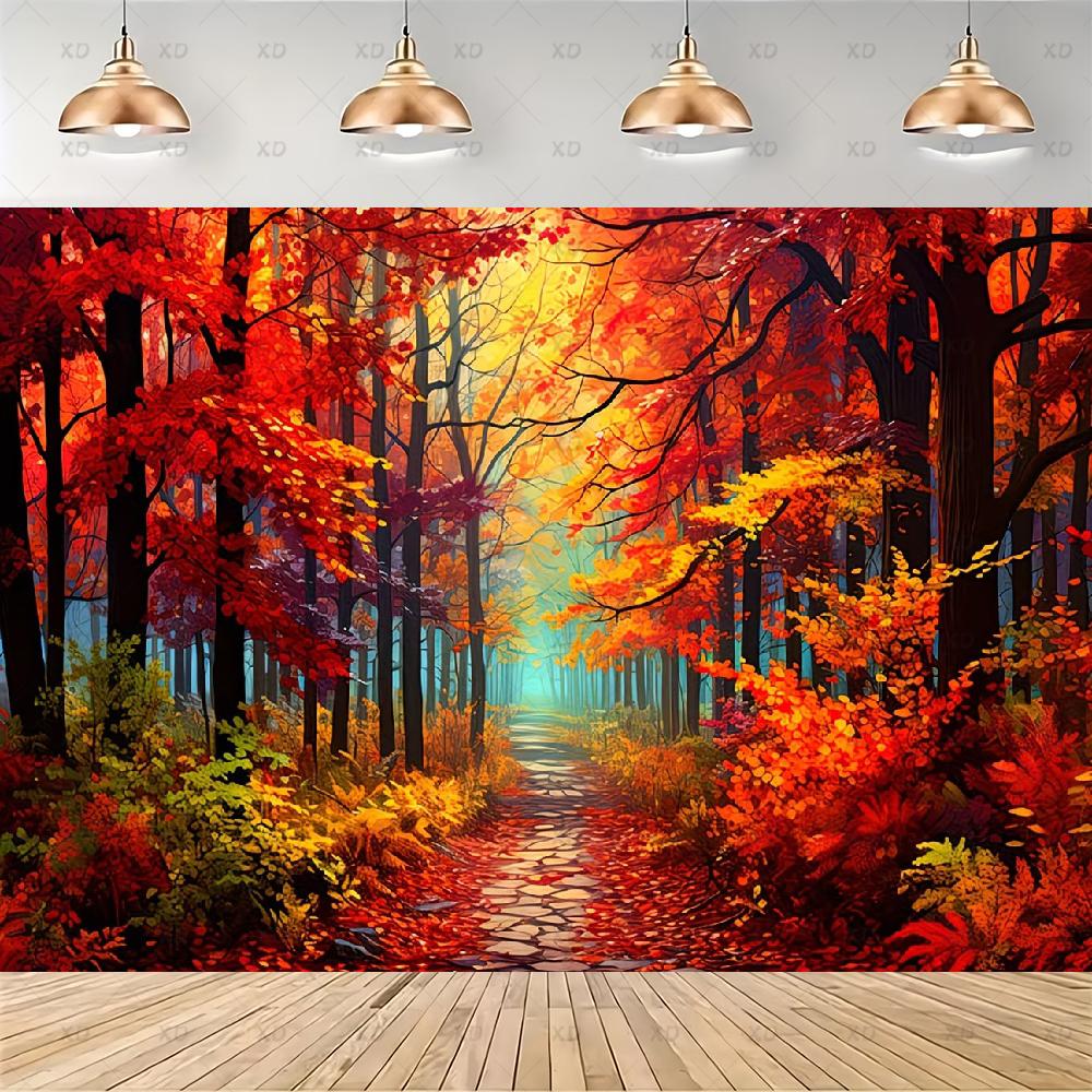 Rustic photographic backdrop: Maple forest, orange autumn leaves, pumpkin banner, for baby shower decorations4917