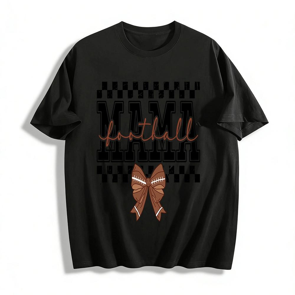 Football Mama Checkerboard Bow Graphic Casual Top Pure cotton T-shirt XXS