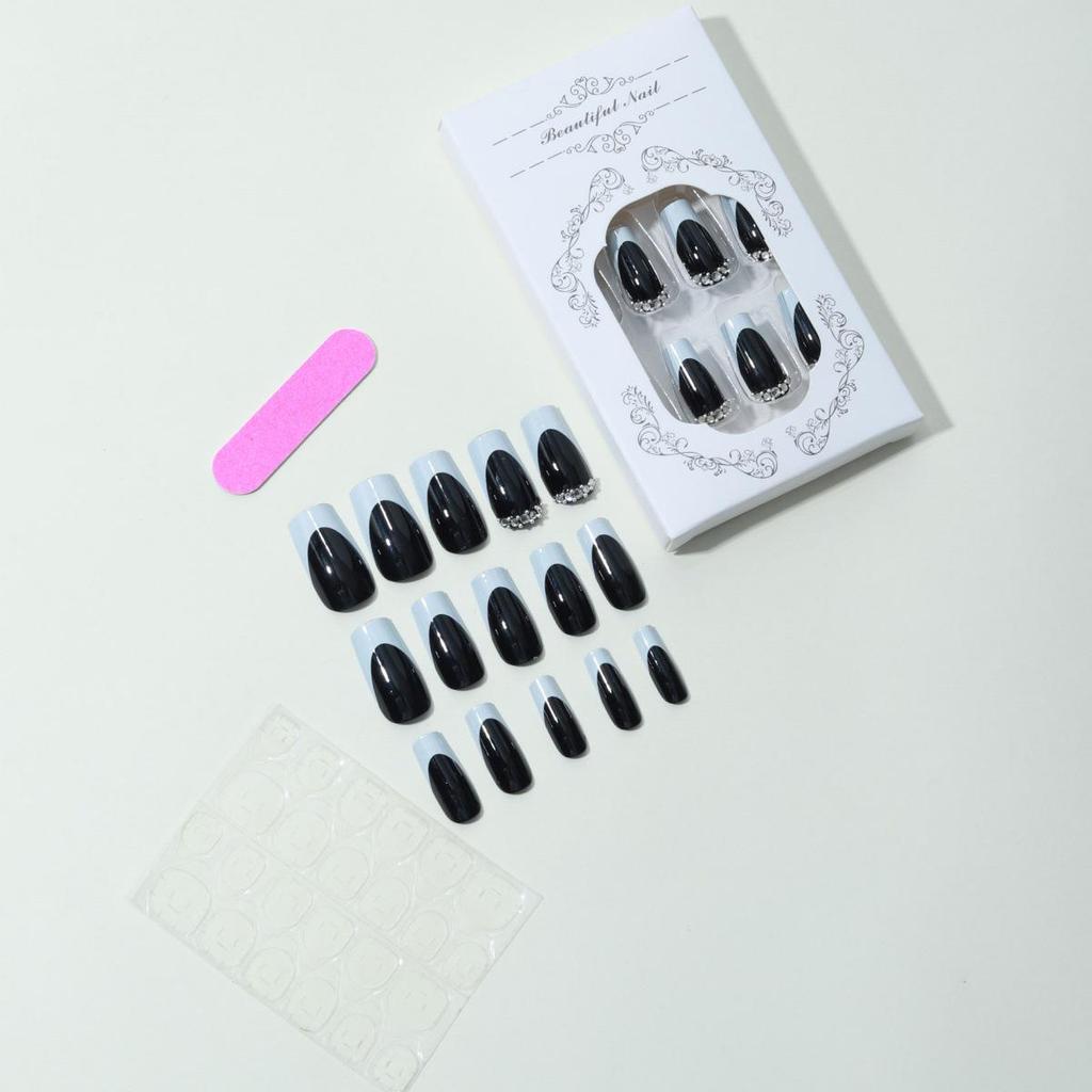 Black French Manicure Full Diamond Wearable Nail Stickers - 24-Piece Set