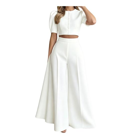 Dámské letní dvoudílné oblečení, Crop top s kulatým výstřihem a široké kalhoty, Neformální zvonové kalhoty, Lounger oblek na letní párty, dovolenou