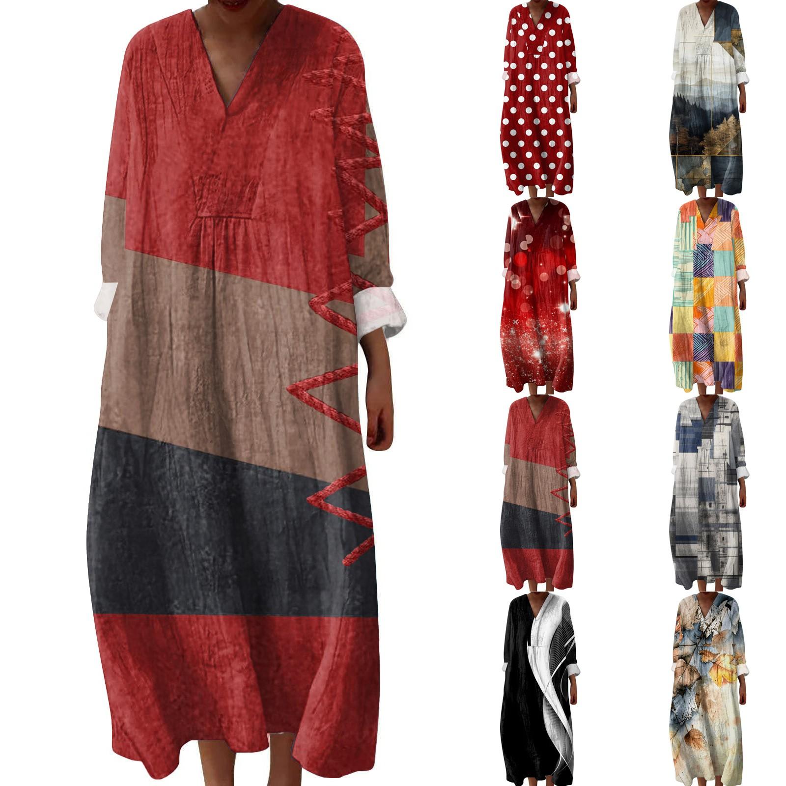 

Women s Casual And Fashionable V-Veck Printed Long Sleeved Dress Long Sleeved Dress S червоний