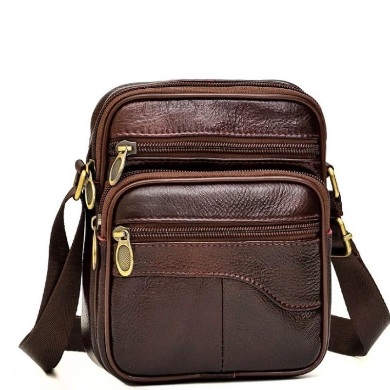 Retro pánská crossbody taška z pravé kůže, Malá taška přes rameno s více zipy na telefon, peněženku, pro každodenní cestování