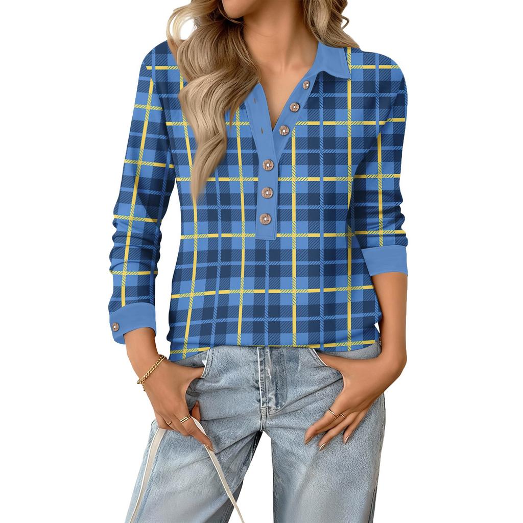 Women's Retro Street Lazy V,neck Long Sleeve Button Plaid Print Pullover Top