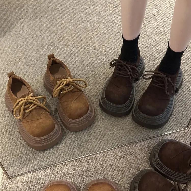Fashion Women heels brown vintage platform Nubuck Leather Shoes women's Comfortable Lace Up Oxford Loafers Casual College Student Shoe