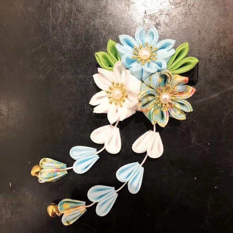 Handmade Flower Hair Clip Ancient Style Cloth Material Japanese Kimono Headwear Flower Design Sweet Tassel