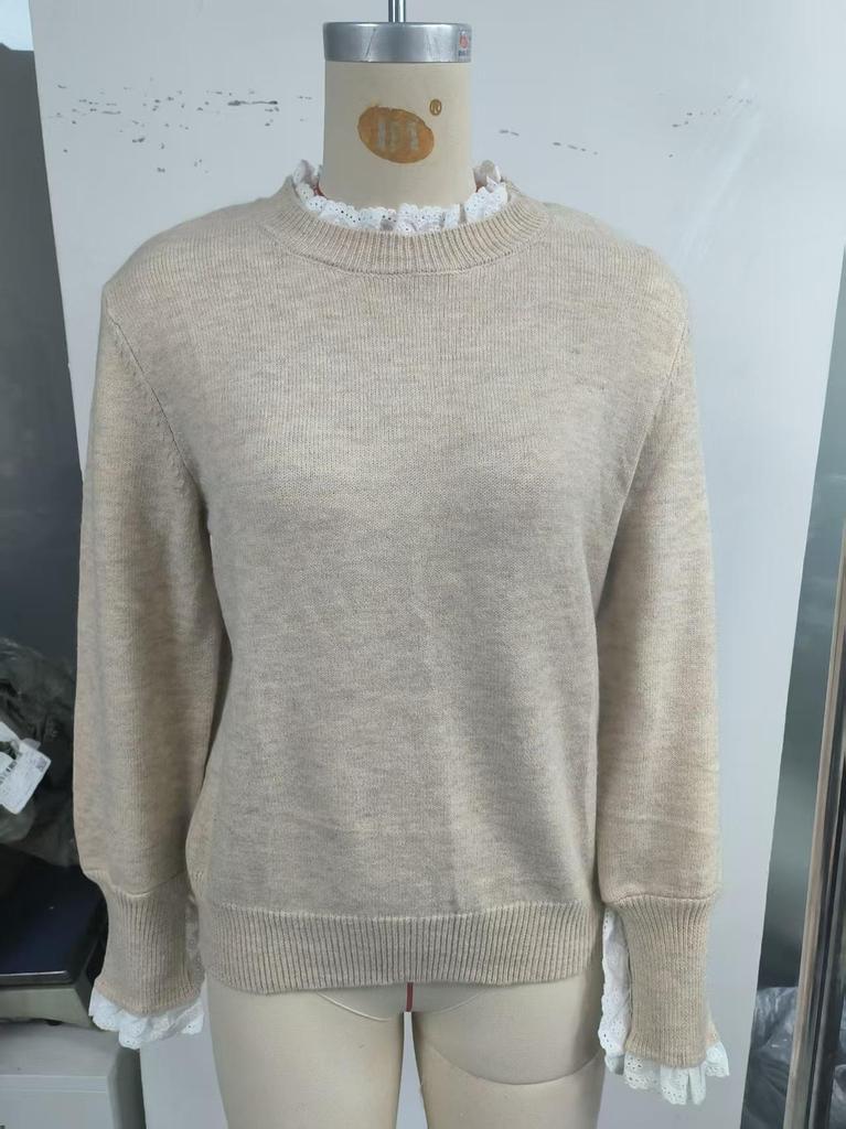 European-American Chic Knit Pullover with Lace Trim - Women's Autumn/Winter Long Sleeve Sweater