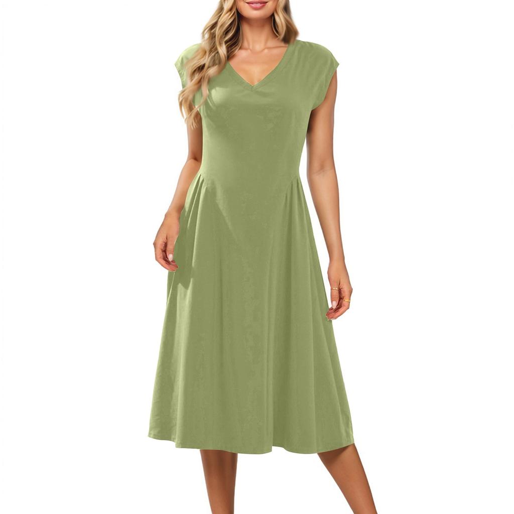 Damklänning med kort ärm, enfärgad, V-ringad, ärmlös, patchwork, plisserad, smal passform