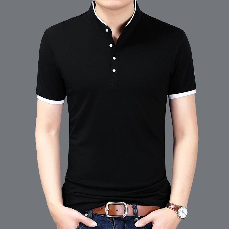 In Stock: Men's Slim Fit Combed Cotton Stand-Up Collar Short Sleeve T-Shirt - Trendy Casual D7121