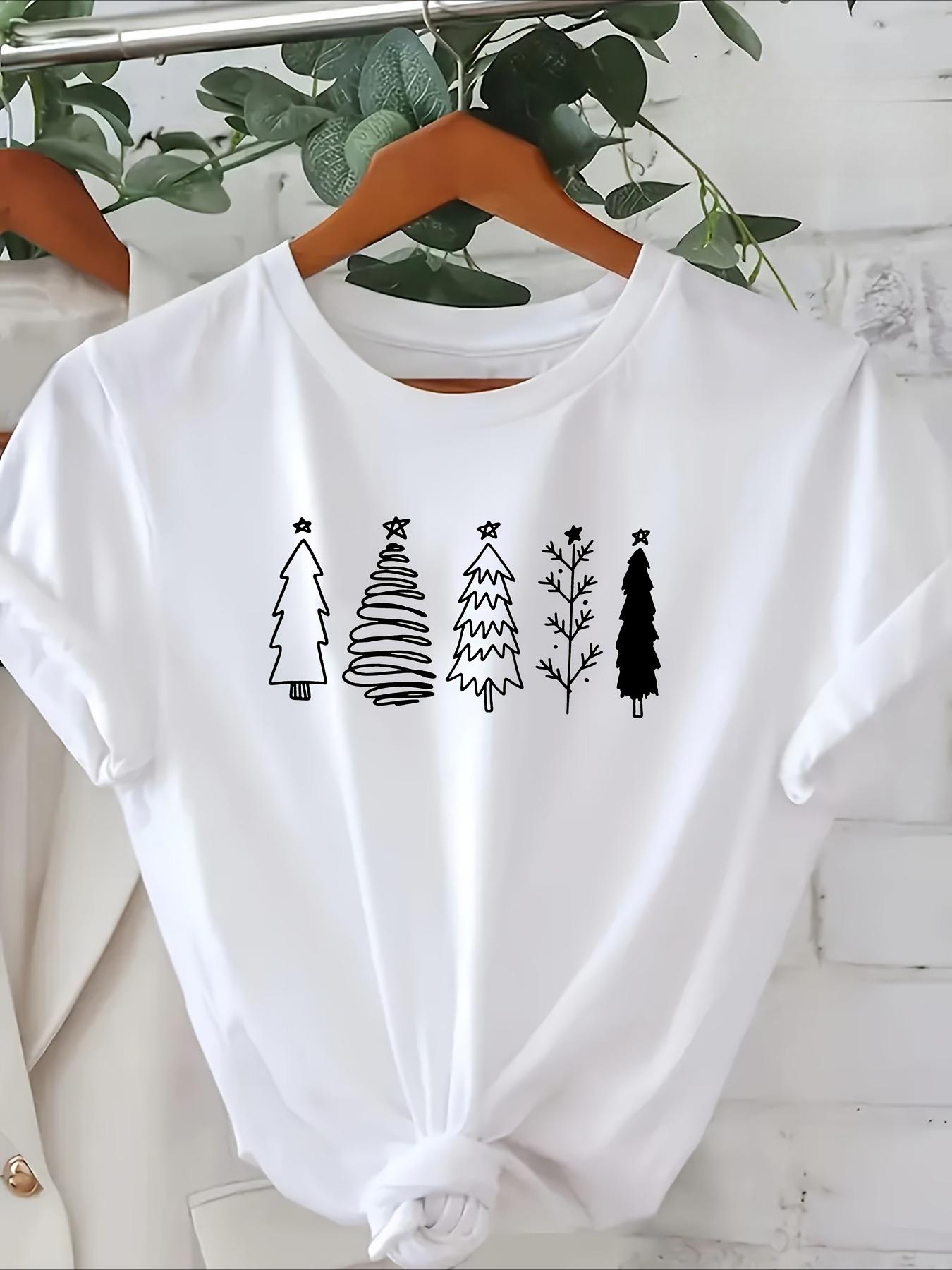 Five Christmas Tree Cartoon Printed Simple Style Printed Women Tshirt Fashion Soft Round Neck Summer Top for Casual Clothing S