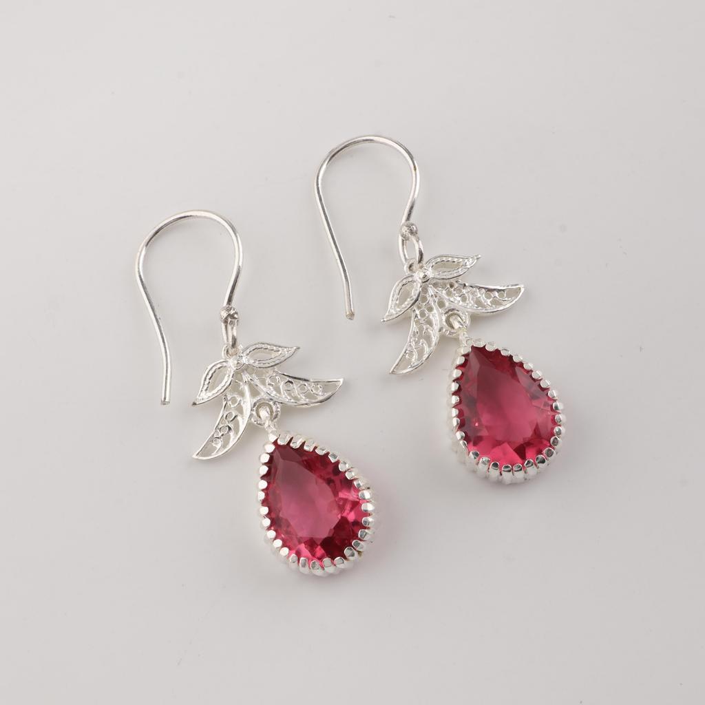 Pink Tourmaline Gemstone 925 Sterling Silver Dangle Earrings For Women 1.84" CE-27-2