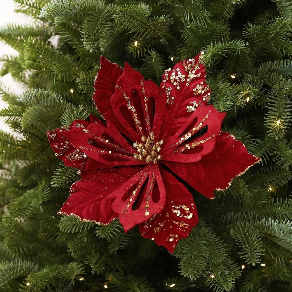 Flocking Velvet Artificial Poinsettia Realistic Holiday Xmas Flower Decor  Photo Props