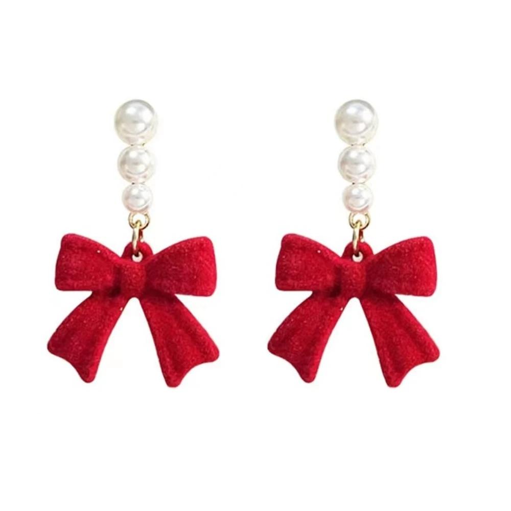 Temperament Red Plush Bowknot Pearl Stud Earrings for Women Vintage Cute Drop Dangle Earring Party Jewelry Fashion Accessories