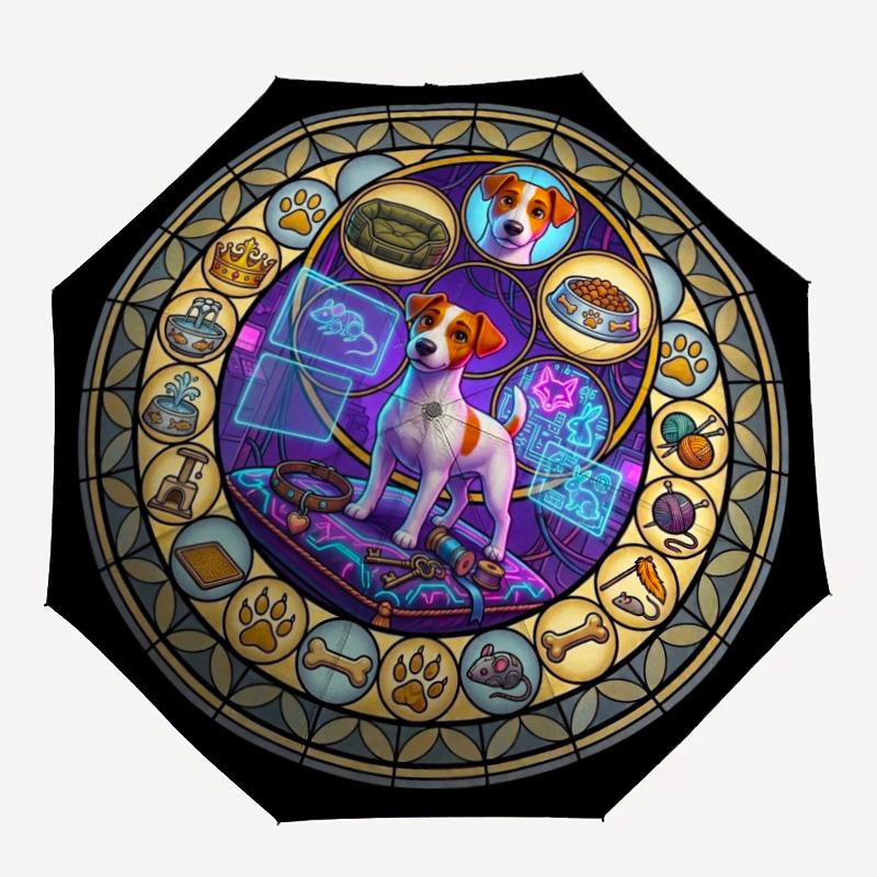 Glass Dog Fantasy pattern umbrella, portable and foldable design, 8 ribs, a casual accessory for Halloween, Christmas, and birthday gifts.