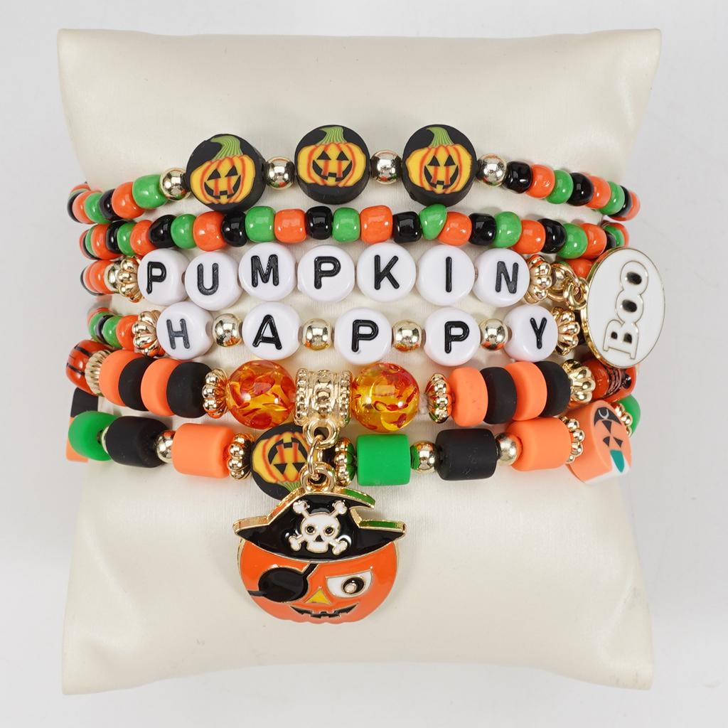 Halloween Bracelet Corn Pirate Ghost Pendant Polymer Clay Beaded Stretch Bracelet Party Holiday Jewelry 6pcs