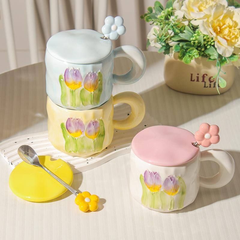 High Value Ins Style Tulip Cup for Girls Cute Ceramic Mug with Lid Spoon Couple Home Coffee Cup